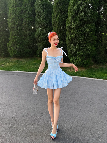 Blue A Line Spaghetti Strap Print Floral Satin Party Dress Homecoming Dress HZ1023